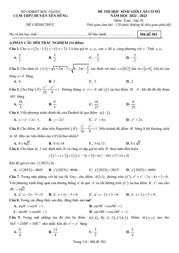 Đề thi HSG Toán 10 năm 2022 2023 cụm THPT huyện Yên Dũng Bắc Giang