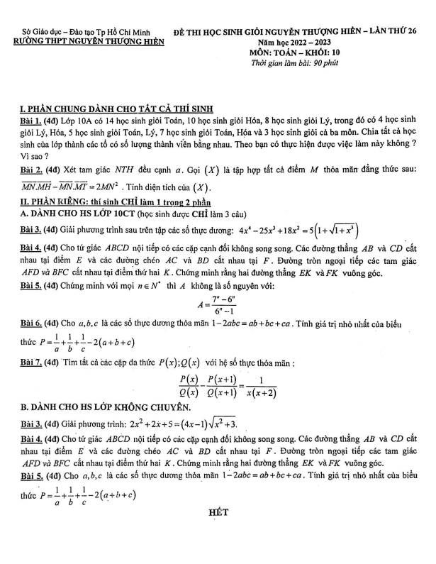 Đề thi HSG Toán 10 năm 2022 2023 trường THPT Nguyễn Thượng Hiền TP HCM