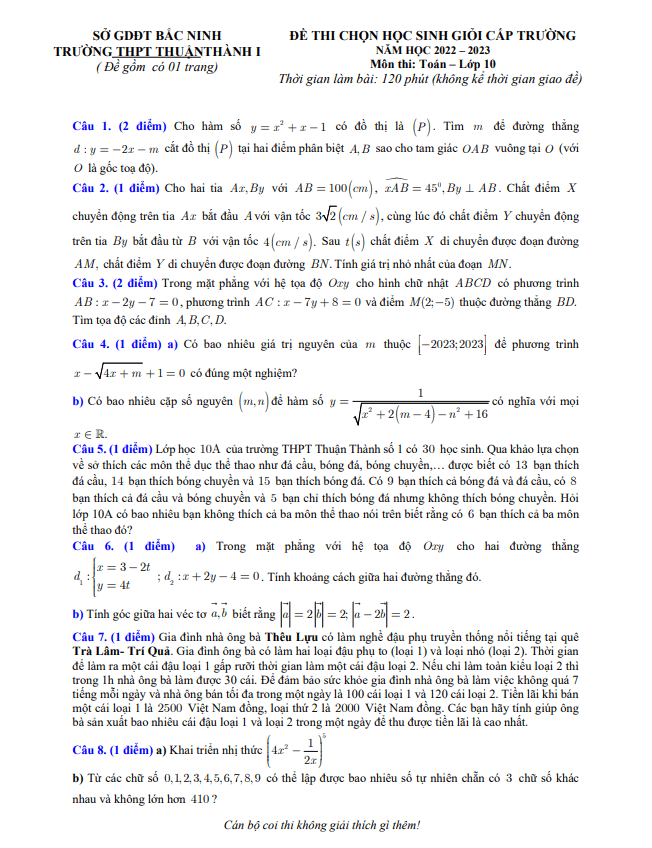 Đề thi HSG Toán 10 năm 2022 2023 trường THPT Thuận Thành 1 Bắc Ninh