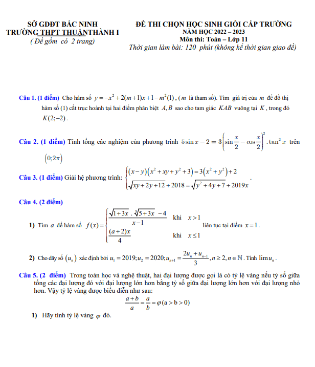 Đề thi HSG Toán 11 năm 2022 2023 trường THPT Thuận Thành 1 Bắc Ninh