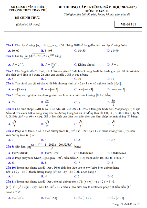 Đề thi HSG Toán 11 năm 2022 2023 trường THPT Trần Phú Vĩnh Phúc