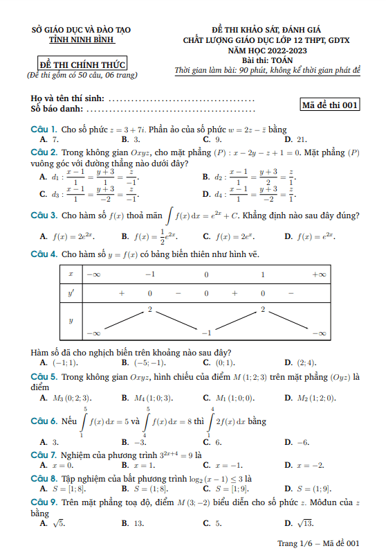 Đề thi khảo sát chất lượng Toán 12 năm 2022 2023 sở GD&ĐT Ninh Bình