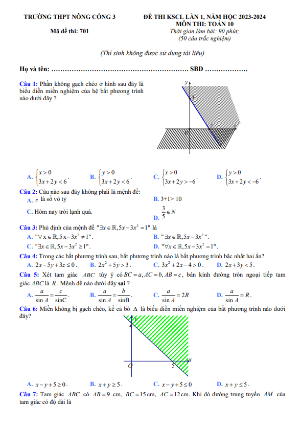 Đề thi KSCL lần 1 Toán 10 năm 2023 2024 trường THPT Nông Cống 3 Thanh Hóa