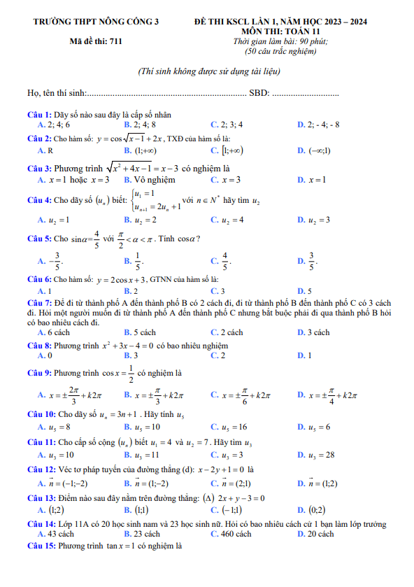 Đề thi KSCL lần 1 Toán 11 năm 2023 2024 trường THPT Nông Cống 3 Thanh Hóa