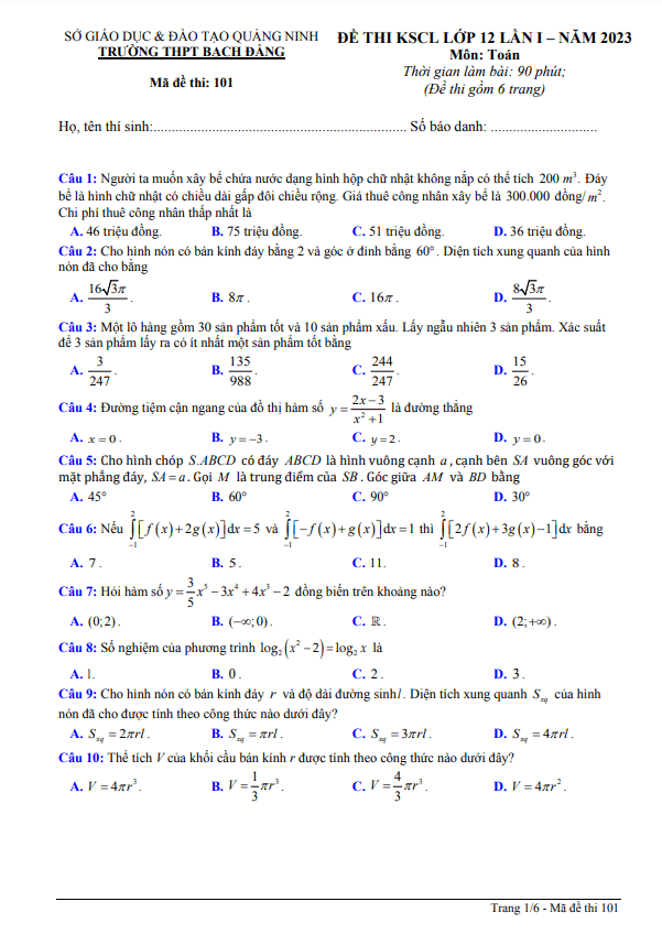 Đề thi KSCL Toán 12 lần 1 năm 2022 2023 trường THPT Bạch Đằng Quảng Ninh