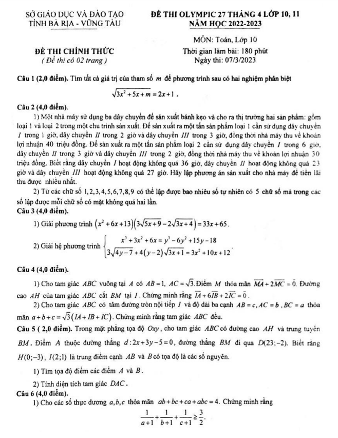 Đề thi Olympic 27 tháng 4 Toán 10 năm 2023 sở GD&ĐT Bà Rịa Vũng Tàu