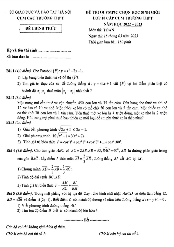 Đề thi Olympic Toán 10 năm 2022 2023 cụm các trường THPT Hà Nội