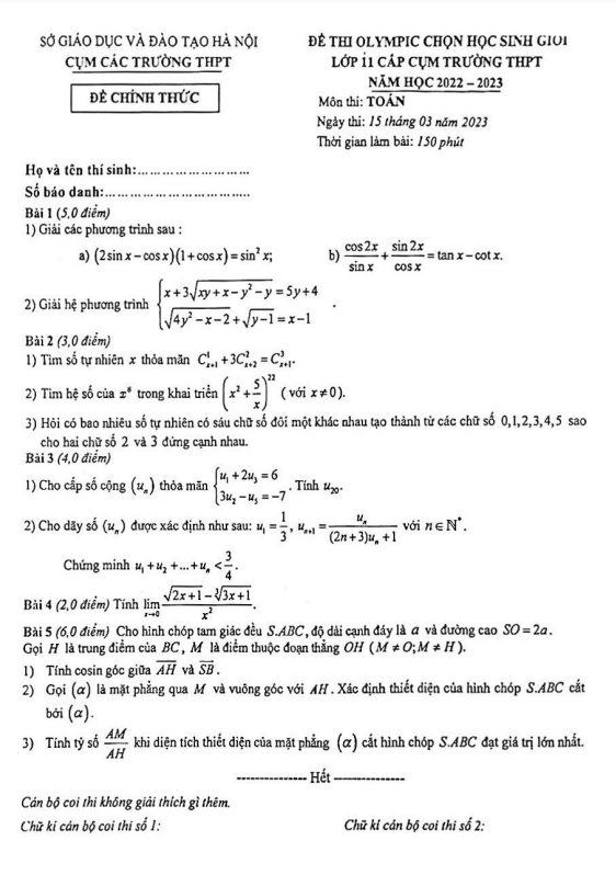Đề thi Olympic Toán 11 năm 2022 2023 cụm các trường THPT Hà Nội