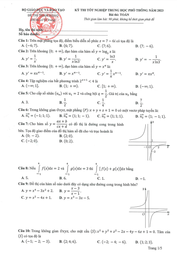 Đề thi tham khảo kỳ thi tốt nghiệp THPT năm 2023 môn Toán