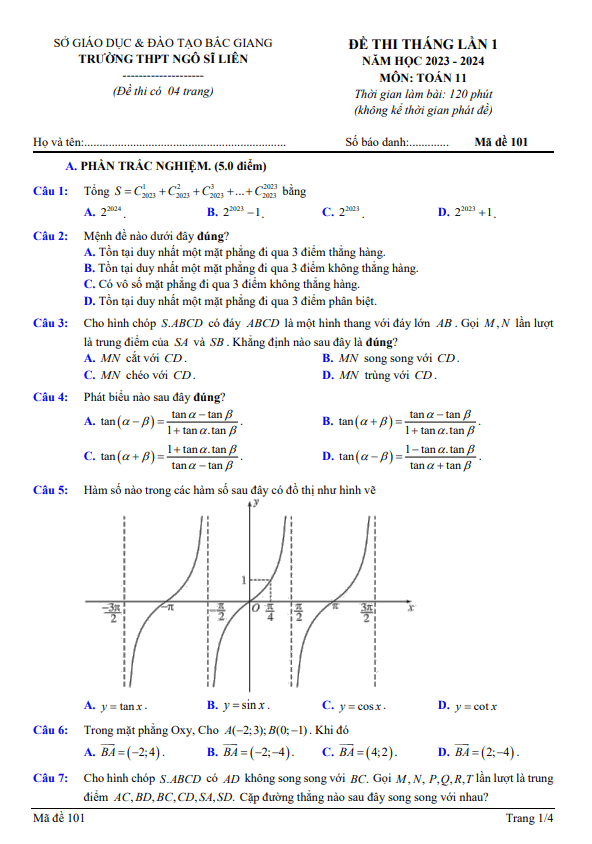 Đề thi tháng lần 1 Toán 11 năm 2023 2024 trường THPT Ngô Sĩ Liên Bắc Giang
