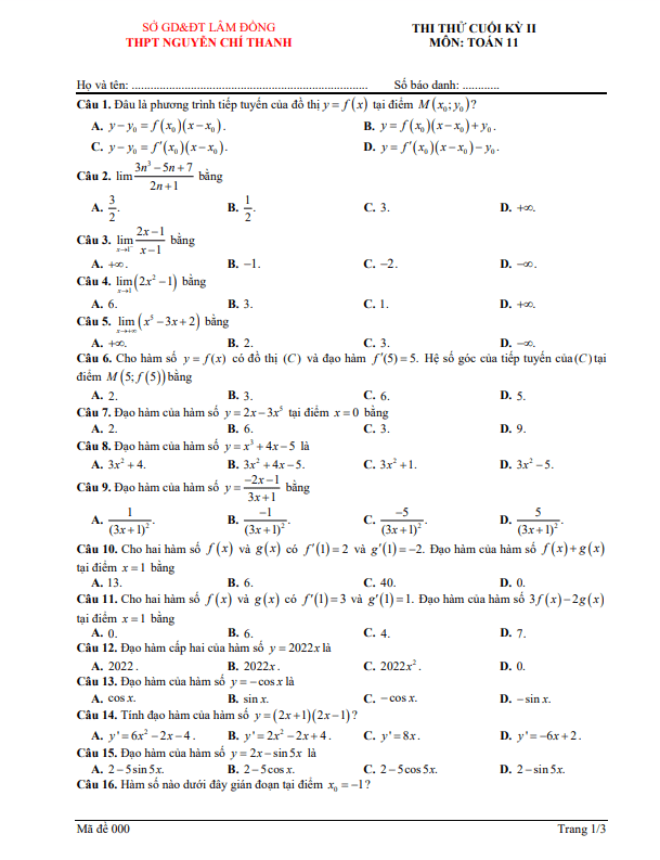 Đề thi thử cuối kỳ 2 Toán 11 năm 2022 2023 trường Nguyễn Chí Thanh Lâm Đồng