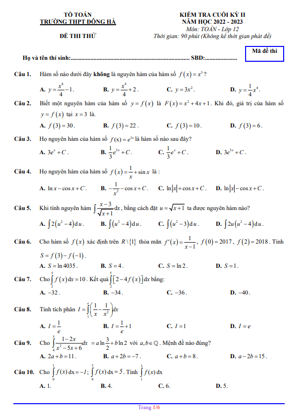 Đề thi thử cuối kỳ 2 Toán 12 năm 2022 2023 trường THPT Đông Hà Quảng Trị