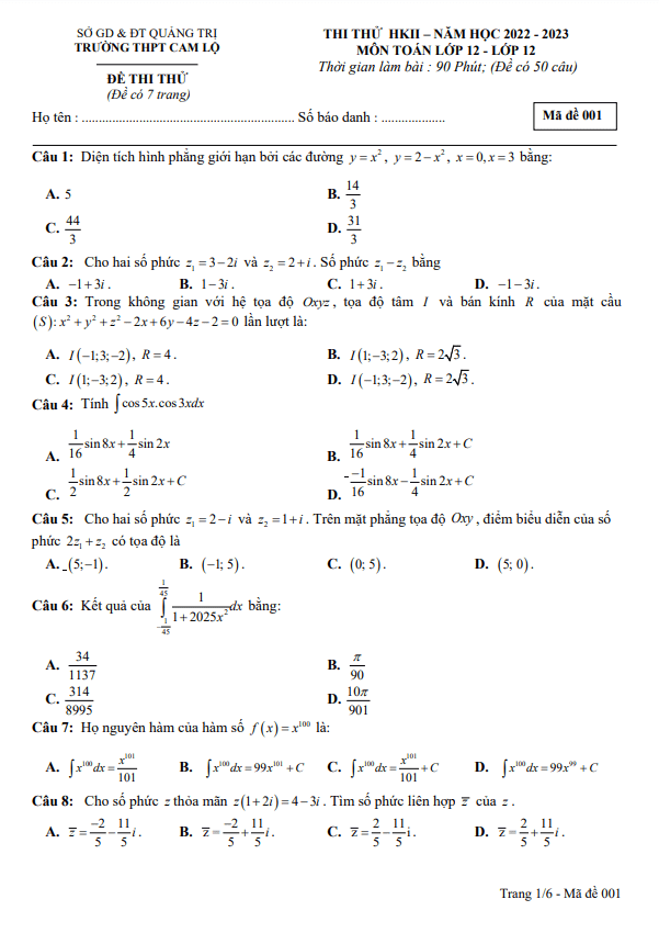 Đề thi thử HK2 Toán 12 năm 2022 2023 trường THPT Cam Lộ Quảng Trị