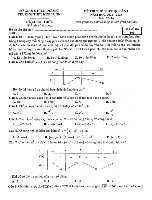 Đề thi thử THPT QG 2023 môn Toán lần 1 trường THPT Kinh Môn Hải Dương