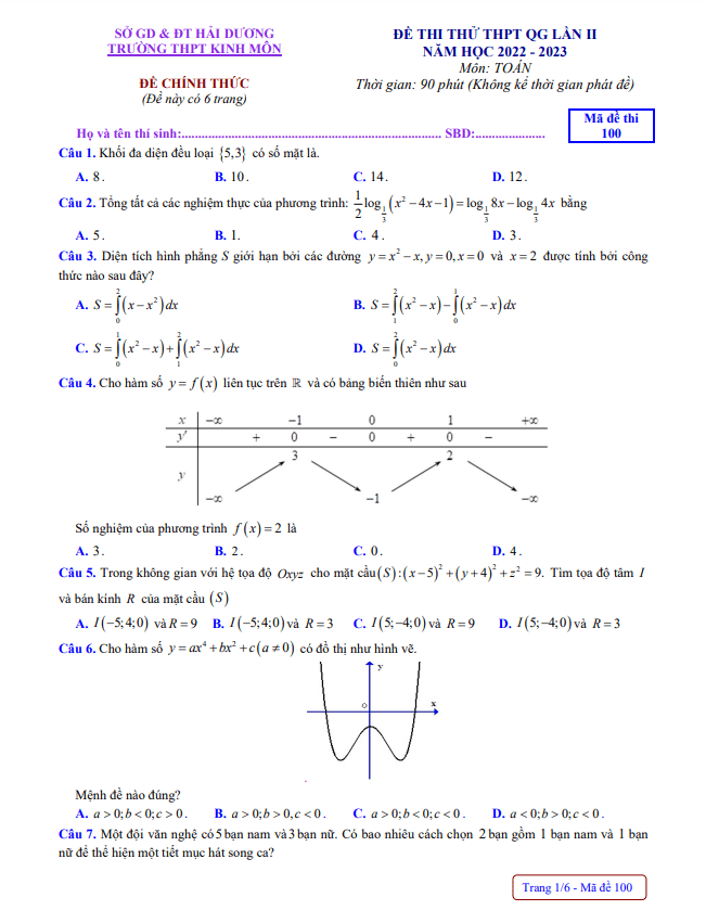 Đề thi thử THPT QG 2023 môn Toán lần 2 trường THPT Kinh Môn Hải Dương