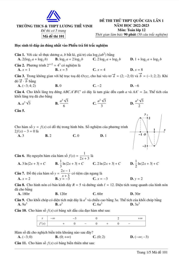 Đề thi thử THPT Quốc gia 2023 môn Toán lần 1 trường Lương Thế Vinh Hà Nội