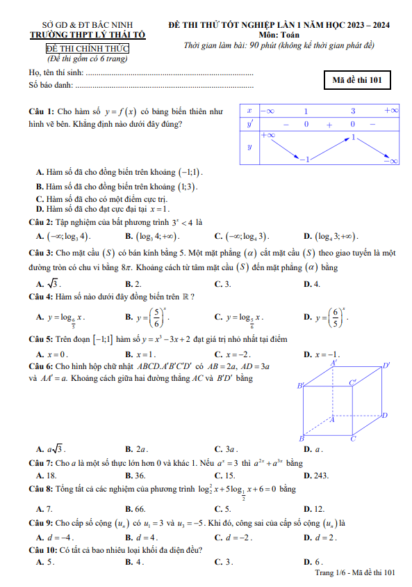 Đề thi thử TN 2024 môn Toán lần 1 trường THPT Lý Thái Tổ Bắc Ninh