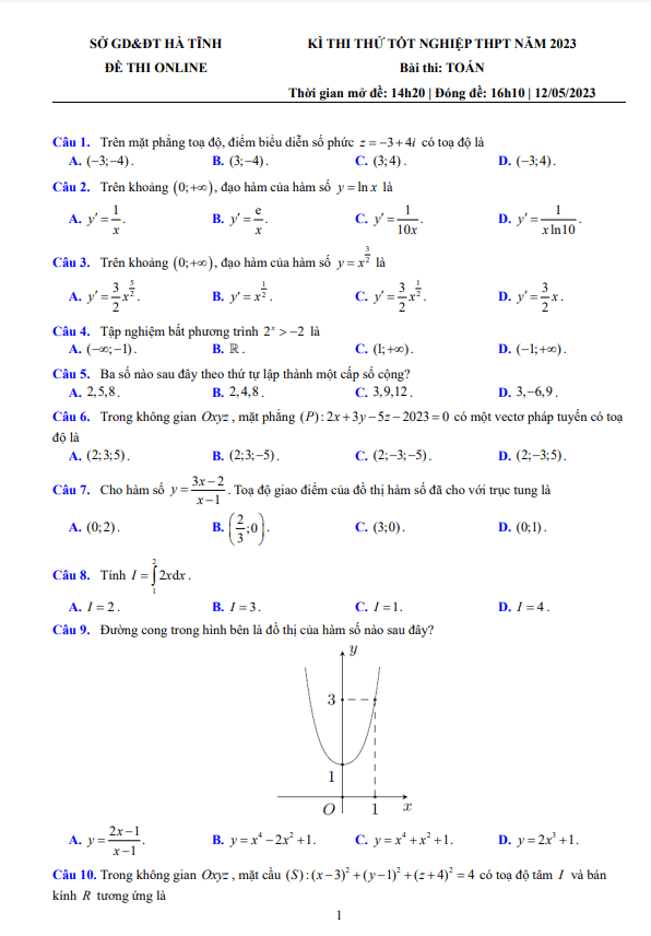Đề thi thử TN THPT 2022 2023 môn Toán sở GD&ĐT Hà Tĩnh (online lần 2)