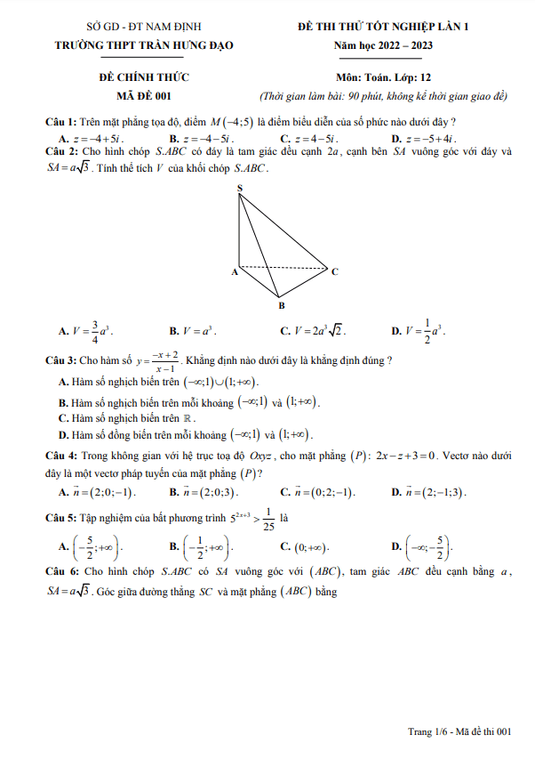 Đề thi thử TN THPT 2023 lần 1 môn Toán trường THPT Trần Hưng Đạo Nam Định