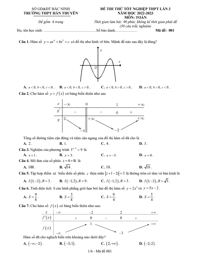Đề thi thử TN THPT 2023 lần 3 môn Toán trường THPT Hàn Thuyên Bắc Ninh