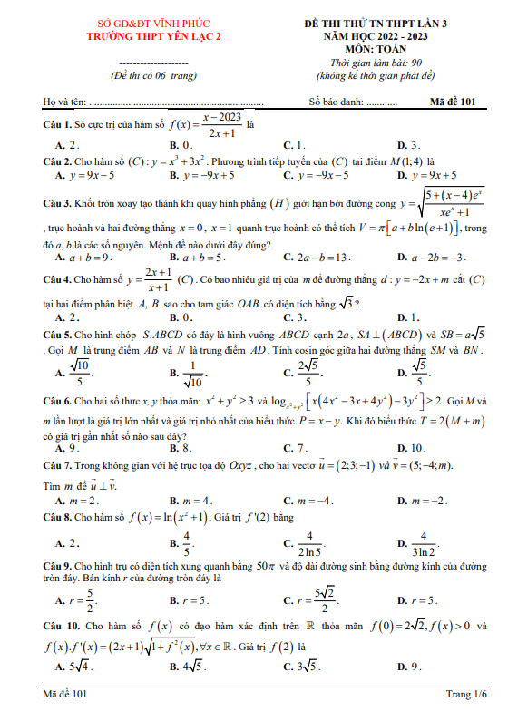 Đề thi thử TN THPT 2023 lần 3 môn Toán trường THPT Yên Lạc 2 Vĩnh Phúc