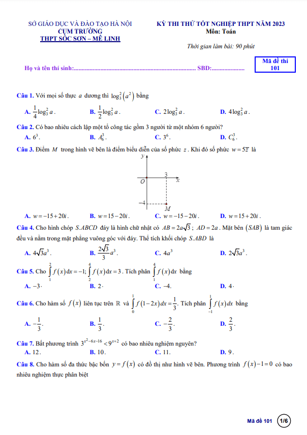 Đề thi thử TN THPT 2023 môn Toán cụm trường THPT Sóc Sơn & Mê Linh Hà Nội