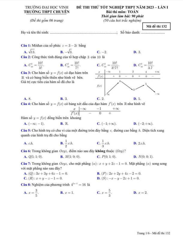 Đề thi thử TN THPT 2023 môn Toán lần 1 trường THPT chuyên ĐH Vinh Nghệ An