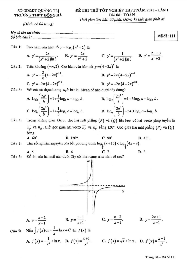 Đề thi thử TN THPT 2023 môn Toán lần 1 trường THPT Đông Hà Quảng Trị