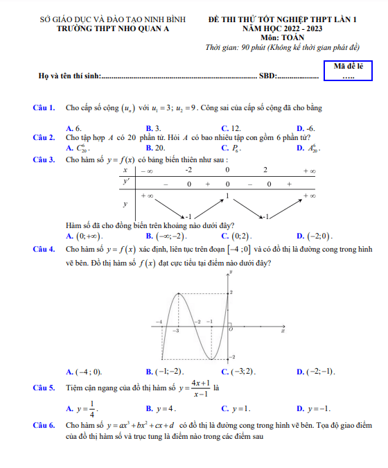 Đề thi thử TN THPT 2023 môn Toán lần 1 trường THPT Nho Quan A Ninh Bình