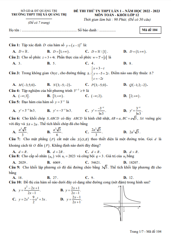 Đề thi thử TN THPT 2023 môn Toán lần 1 trường THPT Thị xã Quảng Trị
