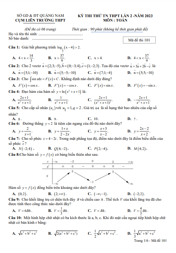 Đề thi thử TN THPT 2023 môn Toán lần 2 cụm liên trường THPT Quảng Nam