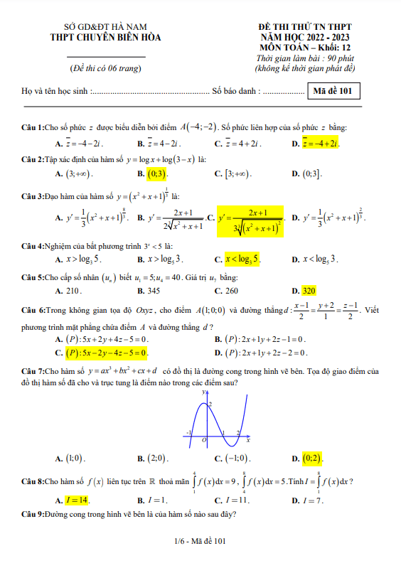 Đề thi thử TN THPT 2023 môn Toán lần 2 trường chuyên Biên Hòa Hà Nam