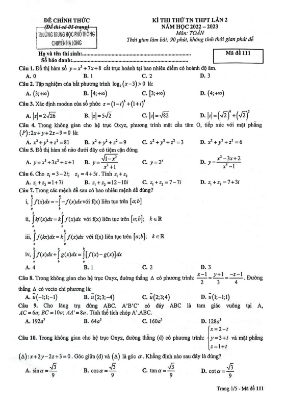 Đề thi thử TN THPT 2023 môn Toán lần 2 trường chuyên Hạ Long Quảng Ninh
