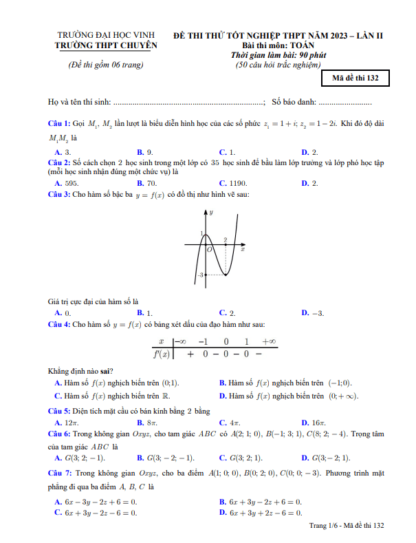 Đề thi thử TN THPT 2023 môn Toán lần 2 trường THPT chuyên ĐH Vinh Nghệ An