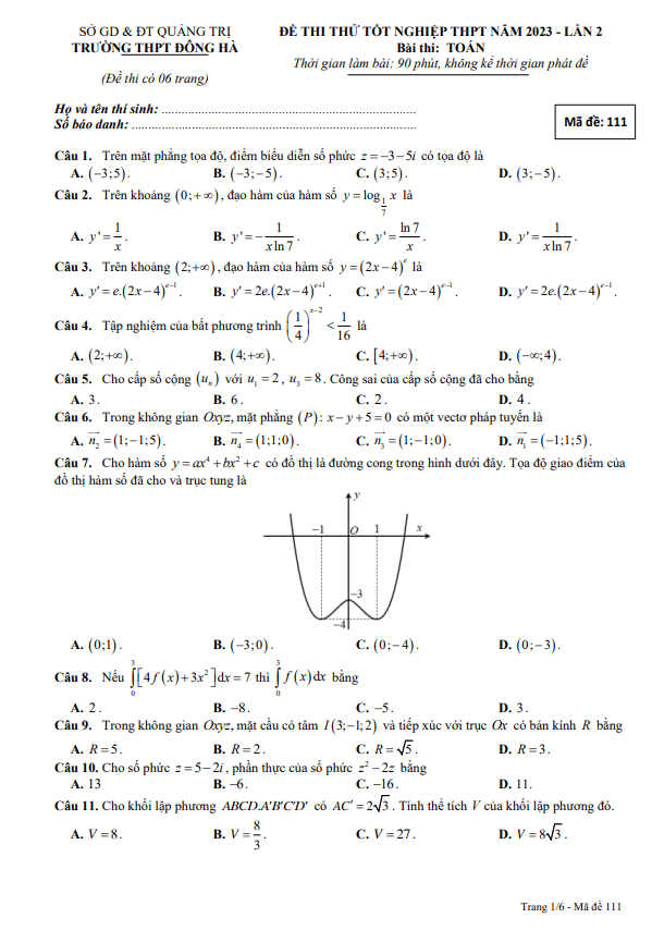 Đề thi thử TN THPT 2023 môn Toán lần 2 trường THPT Đông Hà Quảng Trị