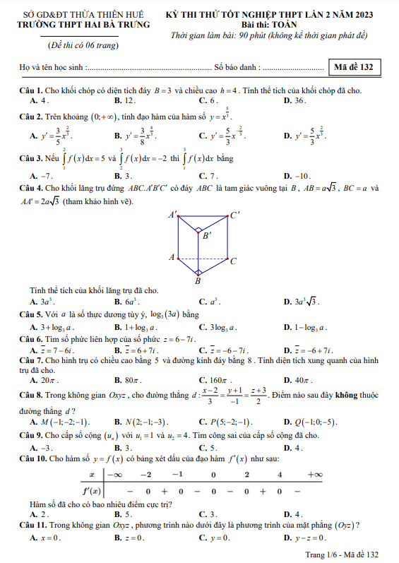 Đề thi thử TN THPT 2023 môn Toán lần 2 trường THPT Hai Bà Trưng TT Huế