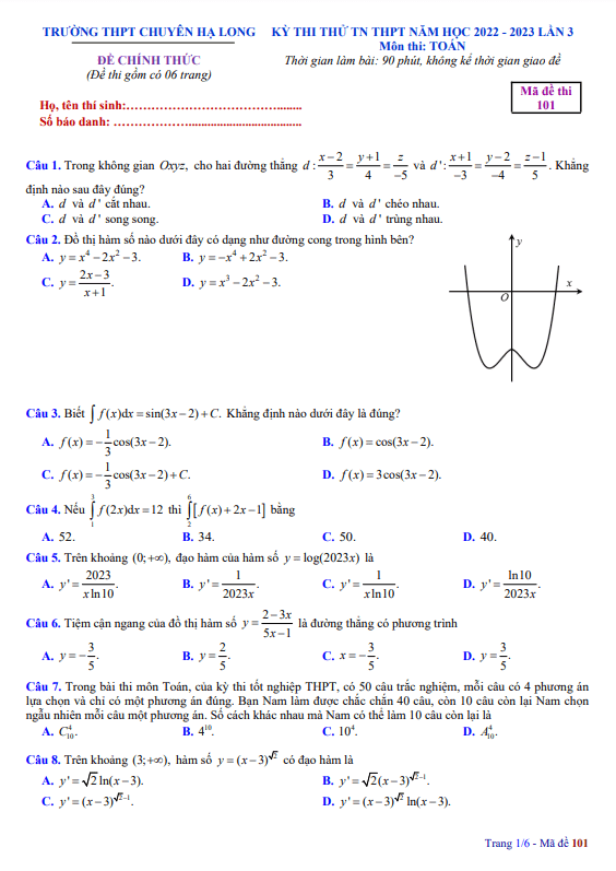 Đề thi thử TN THPT 2023 môn Toán lần 3 trường chuyên Hạ Long Quảng Ninh