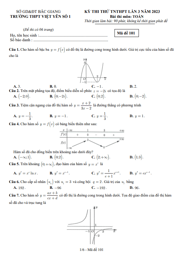 Đề thi thử TN THPT 2023 môn Toán lần 3 trường THPT Việt Yên 1 Bắc Giang