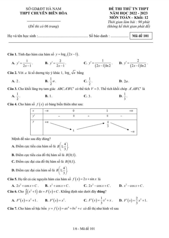 Đề thi thử TN THPT 2023 môn Toán trường chuyên Biên Hòa Hà Nam