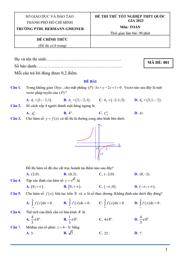 Đề thi thử TN THPT 2023 môn Toán trường PTDL Hermann Gmeiner TP HCM