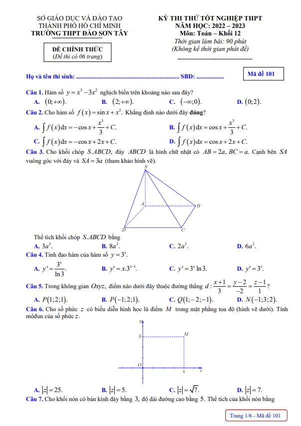 Đề thi thử TN THPT 2023 môn Toán trường THPT Đào Sơn Tây TP HCM