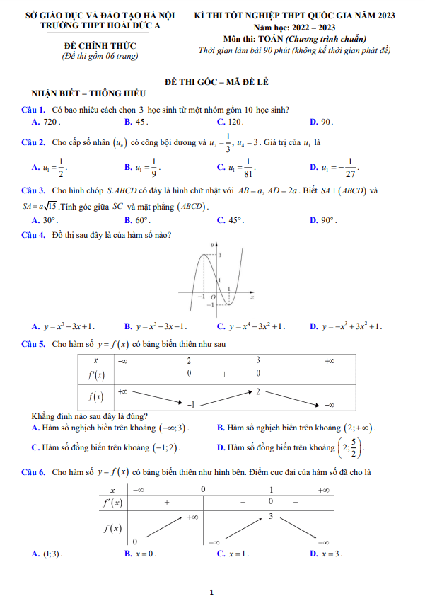 Đề thi thử TN THPT 2023 môn Toán trường THPT Hoài Đức A Hà Nội
