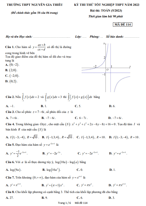 Đề thi thử TN THPT 2023 môn Toán trường THPT Nguyễn Gia Thiều Hà Nội