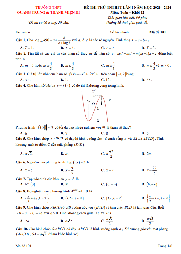 Đề thi thử Toán TN 2024 lần 1 trường THPT Quang Trung & Thanh Miện 3 Hải Dương