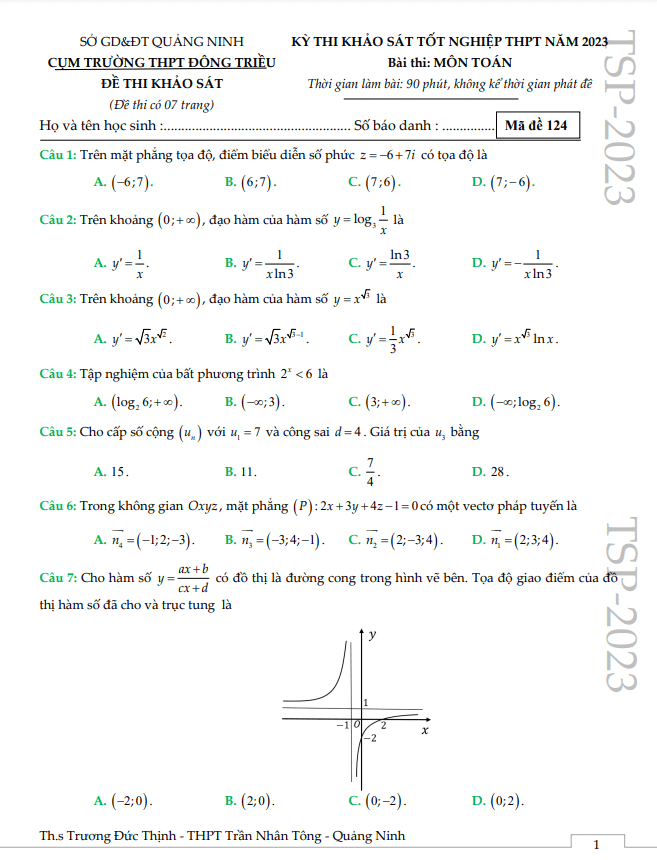 Đề thi thử Toán TN THPT 2023 cụm trường THPT Đông Triều Quảng Ninh