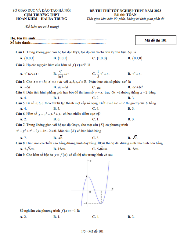 Đề thi thử Toán TN THPT 2023 cụm trường THPT Hoàn Kiếm Hai Bà Trưng Hà Nội