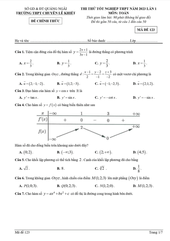 Đề thi thử Toán TN THPT 2023 lần 1 trường chuyên Lê Khiết Quảng Ngãi