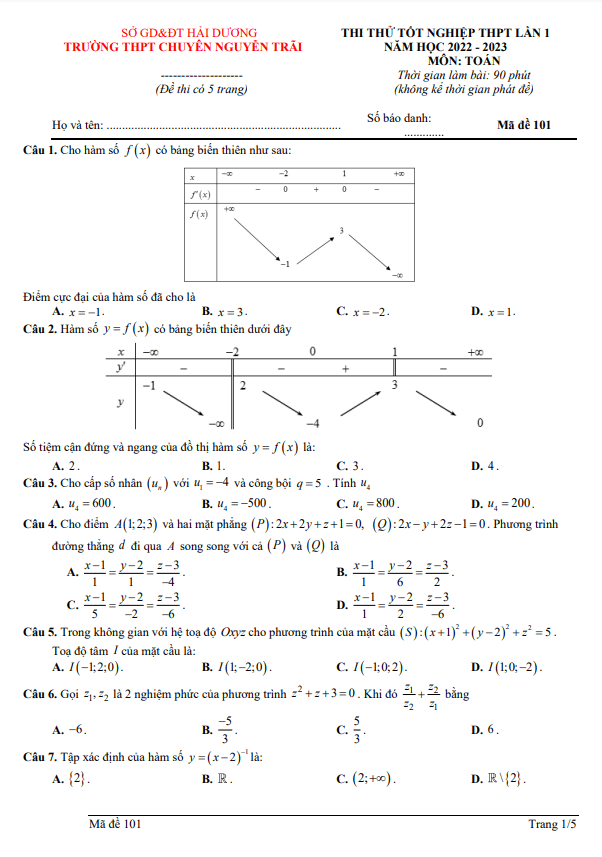 Đề thi thử Toán TN THPT 2023 lần 1 trường chuyên Nguyễn Trãi Hải Dương