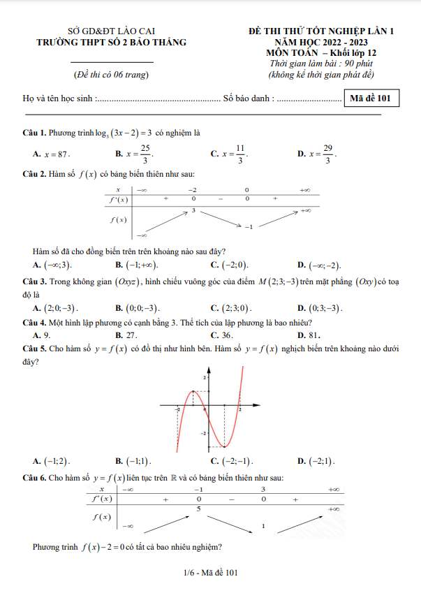 Đề thi thử Toán TN THPT 2023 lần 1 trường THPT Bảo Thắng 2 Lào Cai