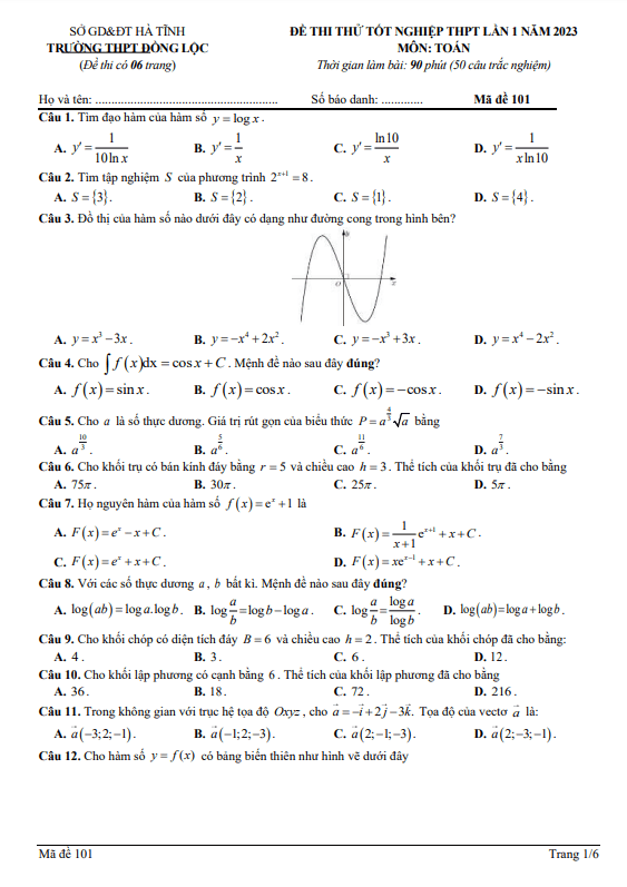 Đề thi thử Toán TN THPT 2023 lần 1 trường THPT Đồng Lộc Hà Tĩnh